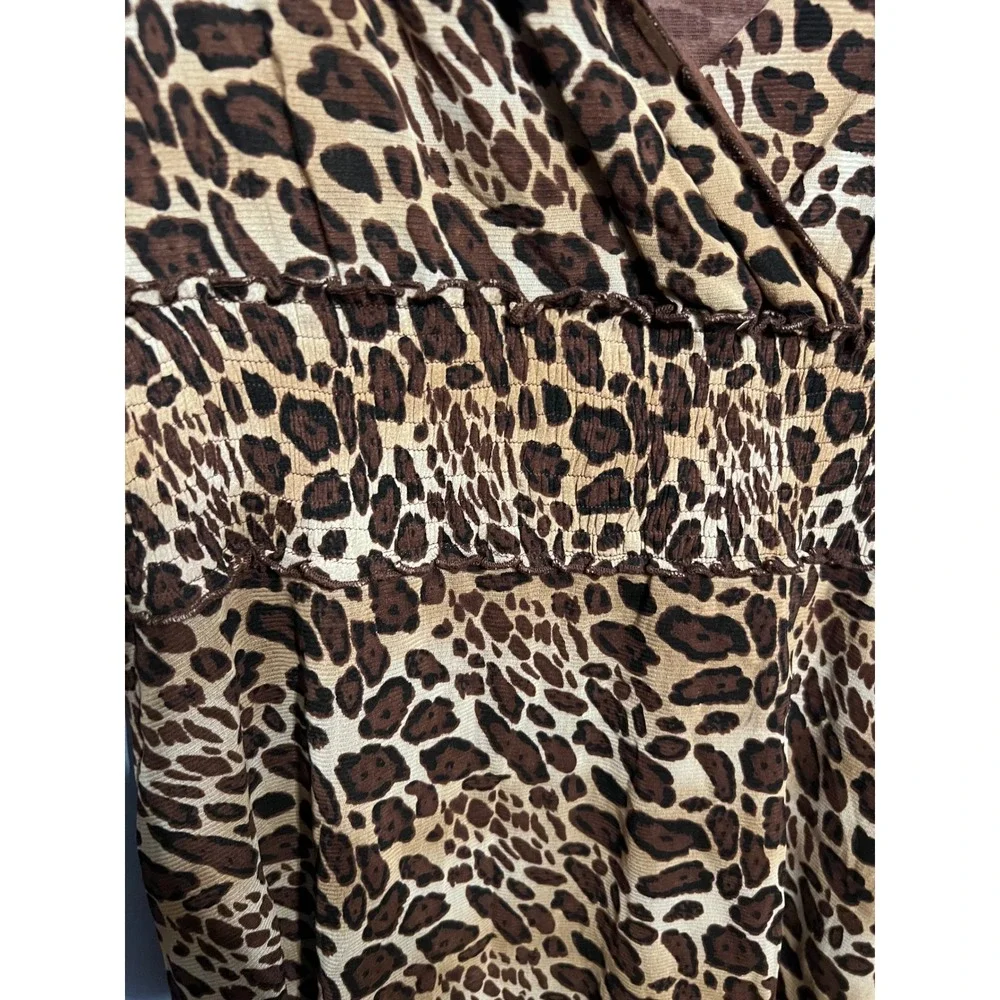 BCBG MaxAzria Y2K Brown Animal Print MIDI Baby Doll Dress Mesh Lined Sz LG Party